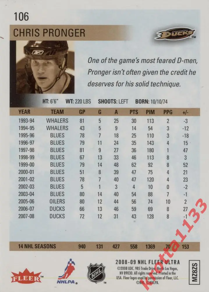 Chris Pronger Anaheim Ducks Upper Deck Fleer Ultra 2008-2009 1