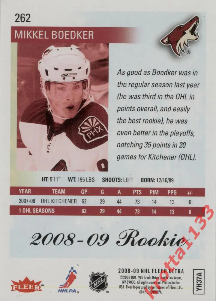Mikkel Boedker Phoenix Coyotes Upper Deck Fleer Ultra 2008-2009 1