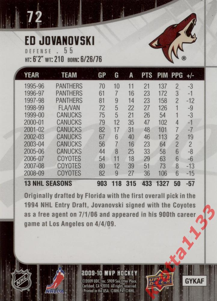 Ed Jovanovski Phoenix Coyotes Upper Deck MVP 2009-2010 1