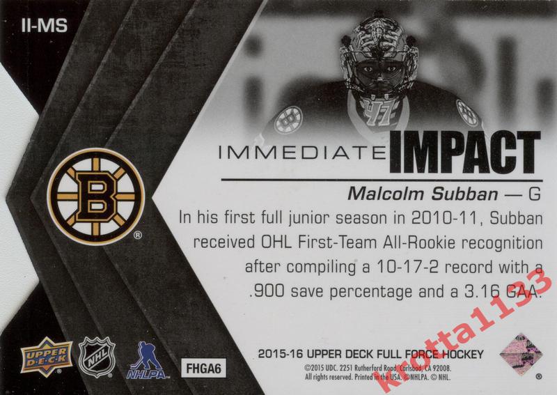 Malcolm Subban Boston Bruins Upper Deck Full Force Hockey 2015-2016 1