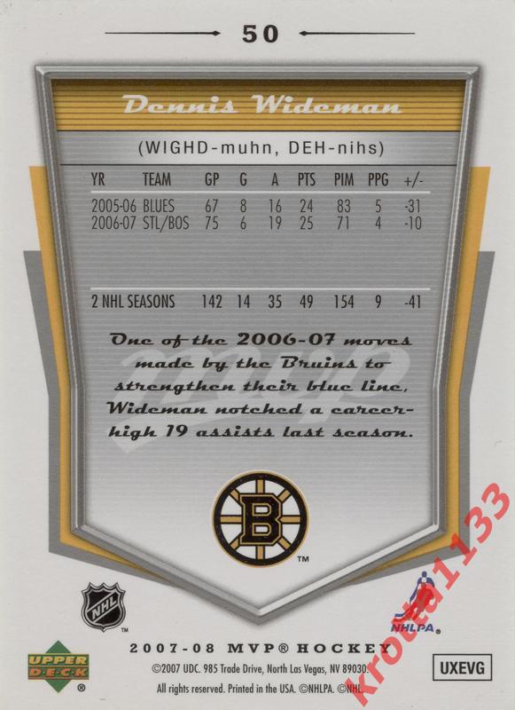 Dennis Wideman Boston Bruins Upper Deck MVP 2007-2008 1