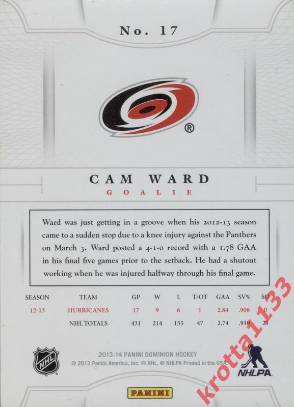 Cam Ward Carolina Hurricanes Panini Dominion Hockey 2013-2014 1