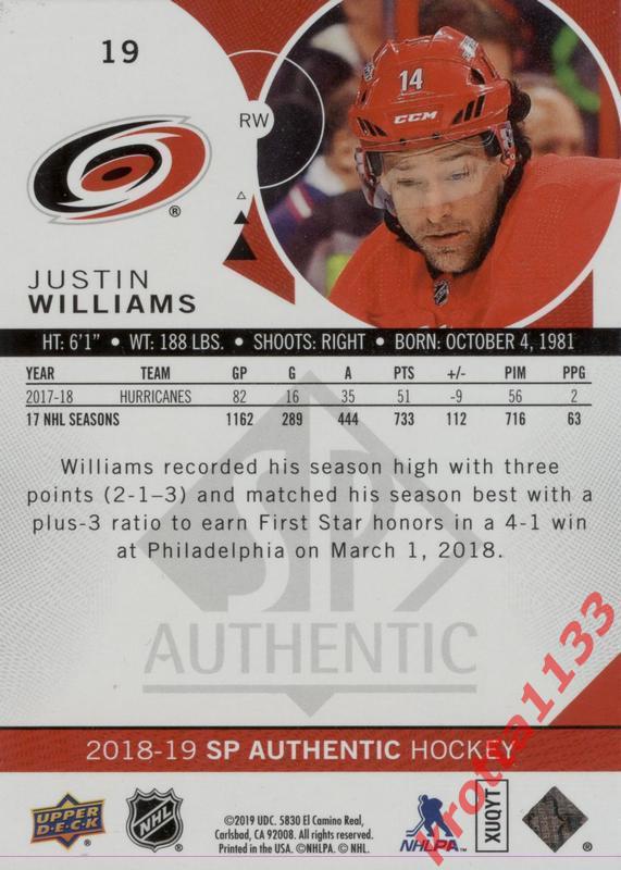 Justin Williams Carolina Hurricanes Upper Deck SP Hockey 2018-2019 1