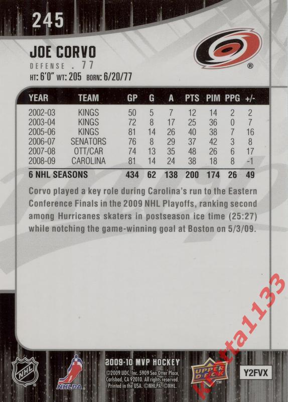 Joe Corvo Carolina Hurricanes Upper Deck MVP 2009-2010 1