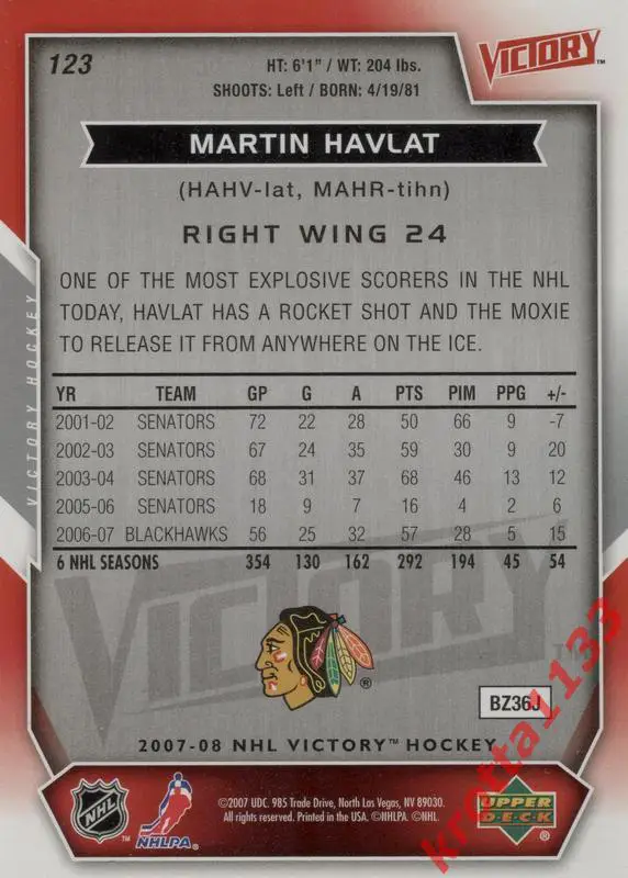 Martin Havlat Chicago Blackhawks Upper Deck Victory 2007-2008 1