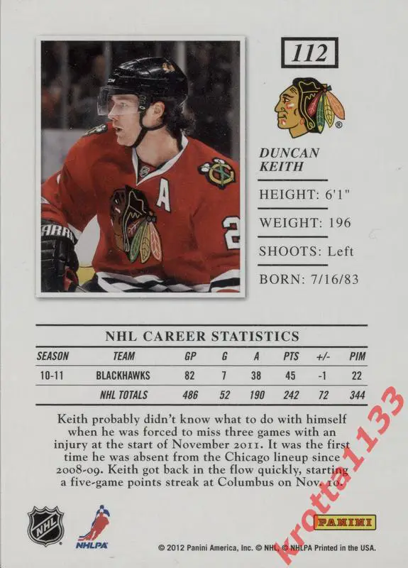 Duncan Keith Chicago Blackhawks PANINI Elite 2011-2012 1