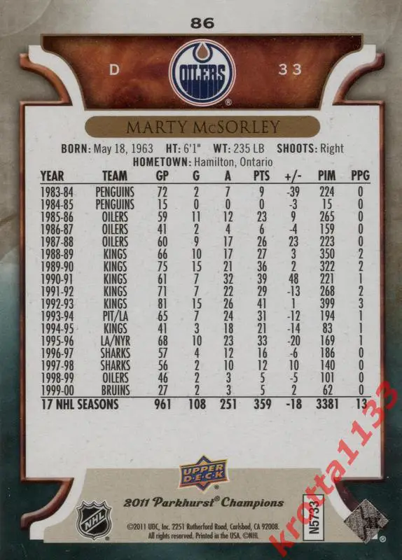 Marty McSorley Edmonton Oilers Upper Deck Parkhurst Champions 2011 1