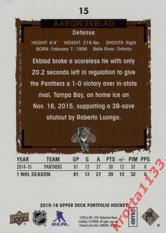 Aaron Ekblad Florida Panthers Upper Deck Portfolio Hockey 2015-2016 1