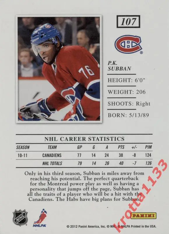P.K. Subban Montreal Canadiens PANINI Elite 2011-2012 1