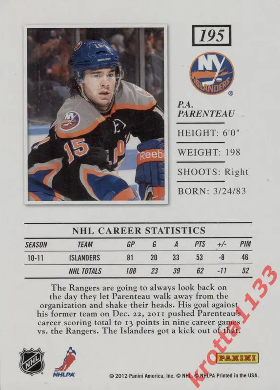 P.A. Parentea New York Islanders PANINI Elite 2011-2012 1