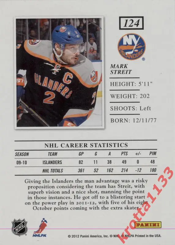 Mark Streit New York Islanders PANINI Elite 2011-2012 1