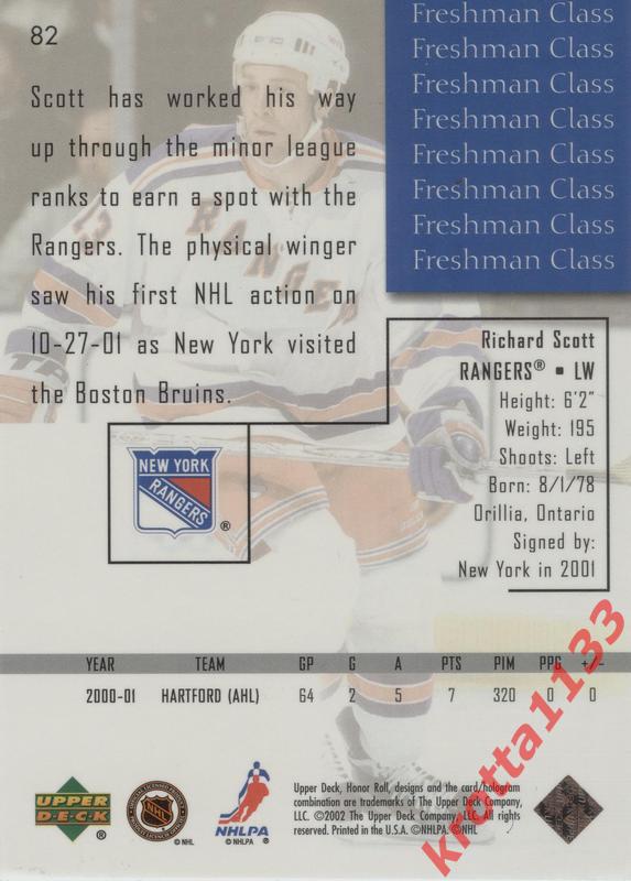 Richard Scott New York Rangers Upper Deck Honor Roll 2001-2002 1