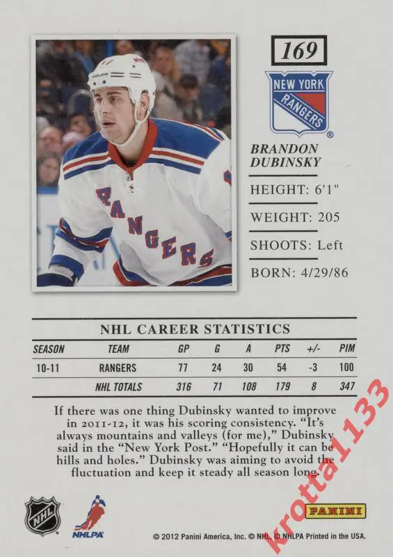 Brandon Dubinsky New York Rangers PANINI Elite 2011-2012 1