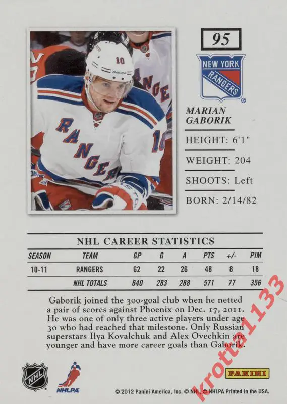 Marian Gaborik New York Rangers PANINI Elite 2011-2012 1