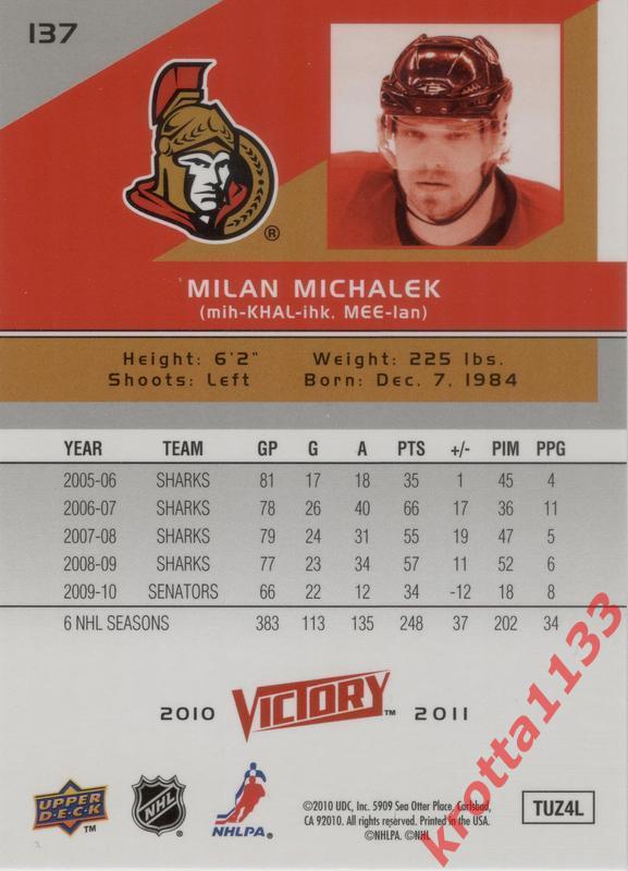 Milan Michalek Ottawa Senators Upper Deck Victory 2010-2011 1