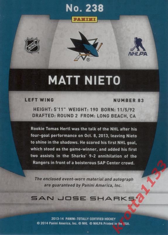 Matt Nieto San Jose Sharks PANINI Totally Certified 2013-2014 1