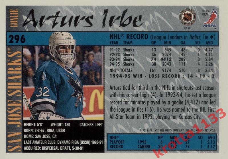 Arturs Irbe San Jose Sharks TOPPS NHL Hockey 1995-1996 1