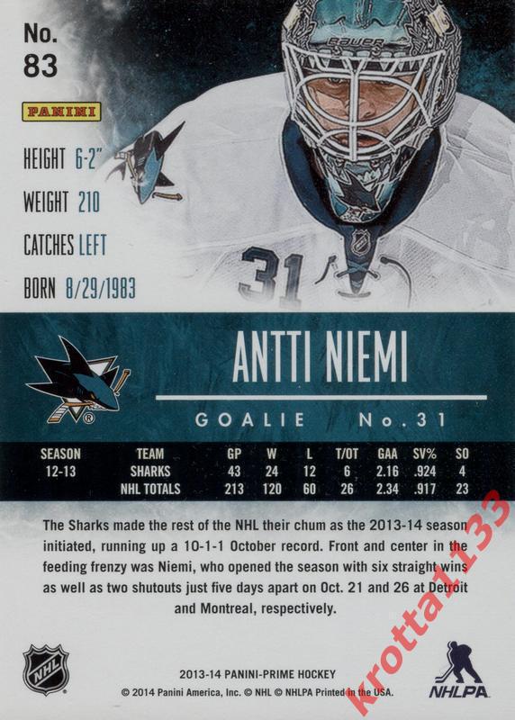 Antti Niemi San Jose Sharks PANINI Prime Hockey 2013-2014 1