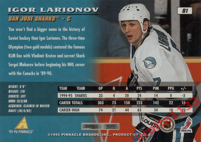 Igor Larionov San Jose Sharks Pinnacle NHL 1995-1996 1