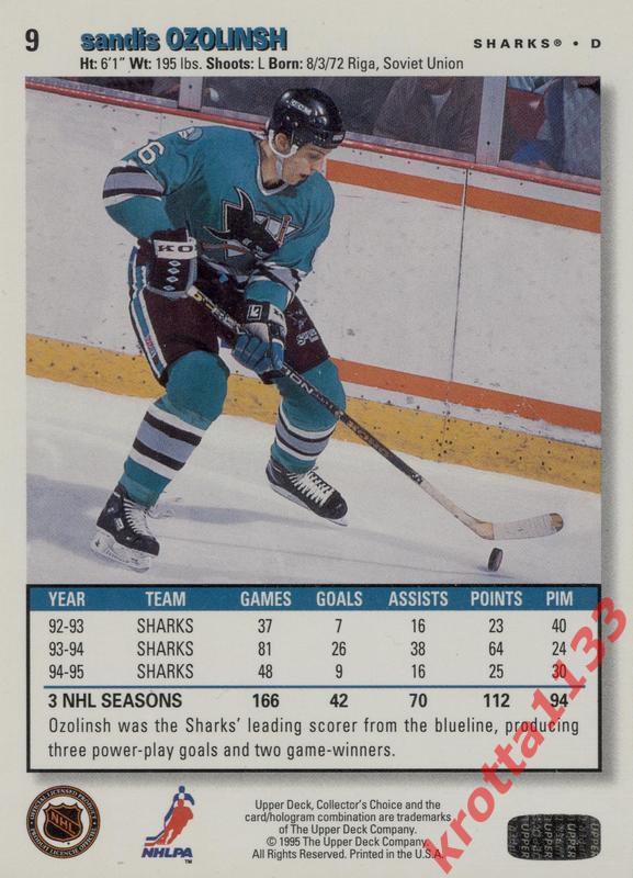 Sandis Ozolinsh San Jose Sharks Upper Deck Collectors Choice 1995-1996 1