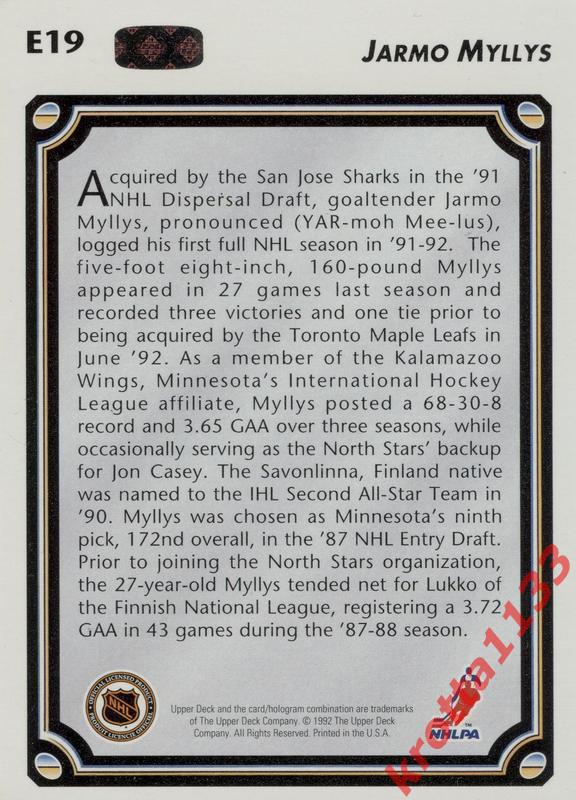 Jarmo Myllys San Jose Sharks Upper Deck Hockey 1992-1993 1