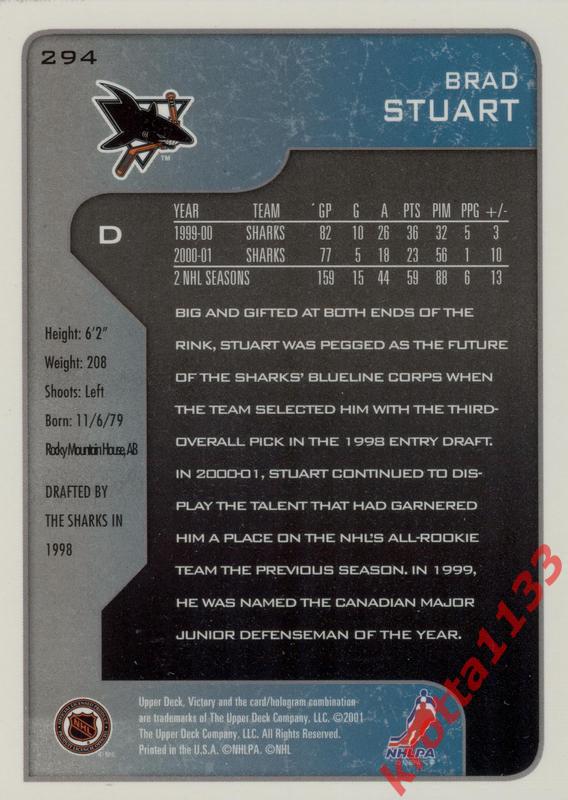 Brad Stuart San Jose Sharks Upper Deck Victory 2001-2002 1