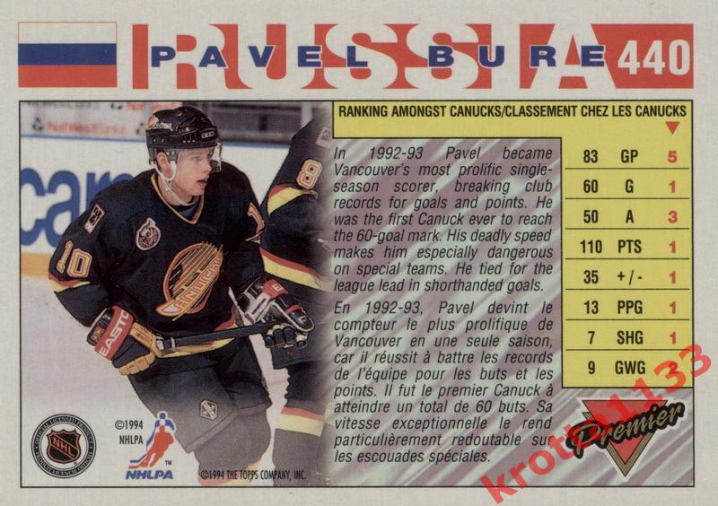 Pavel Bure Vancouver Canucks TOPPS Premier NHL Hockey 1993-1994 1