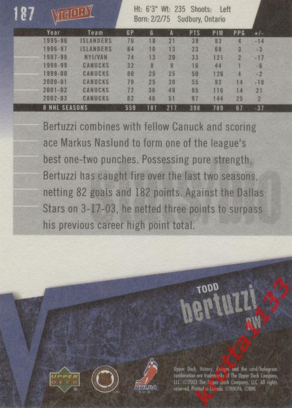 Todd Bertuzzi Vancouver Canucks Upper Deck Victory 2003-2004 1
