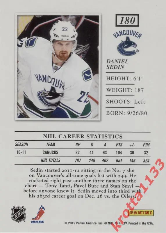 Daniel Sedin Vancouver Canucks PANINI Elite 2011-2012 1