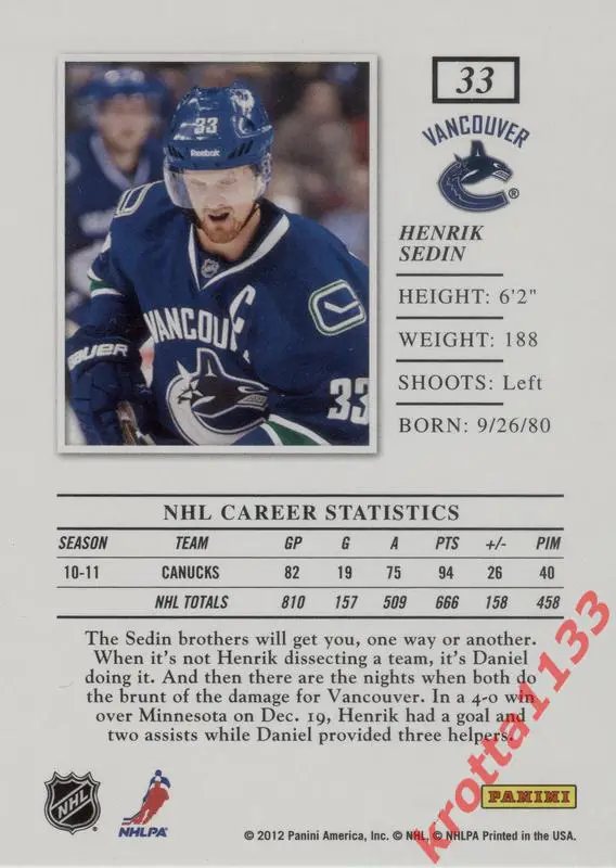 Henrik Sedin Vancouver Canucks PANINI Elite 2011-2012 1