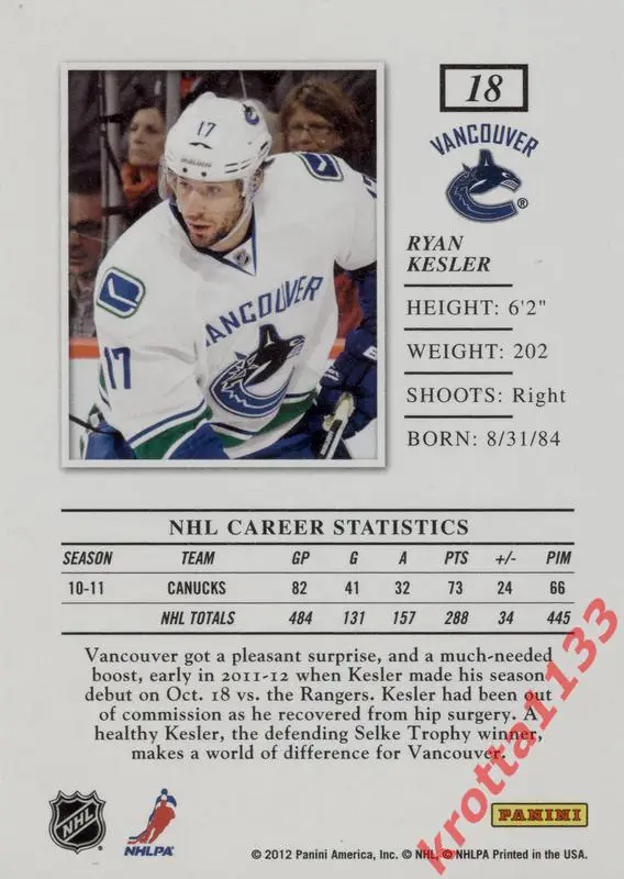 Ryan Kesler Vancouver Canucks PANINI Elite 2011-2012 1