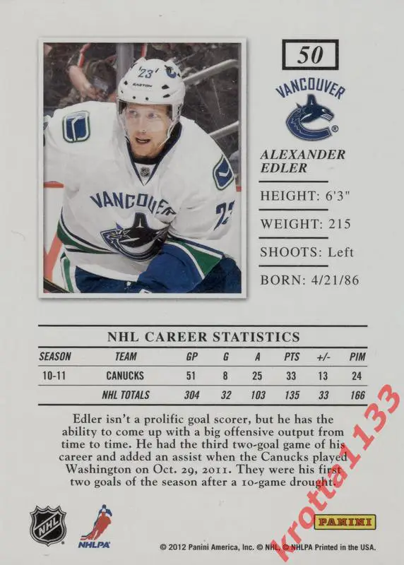 Alexander Edler Vancouver Canucks PANINI Elite 2011-2012 1