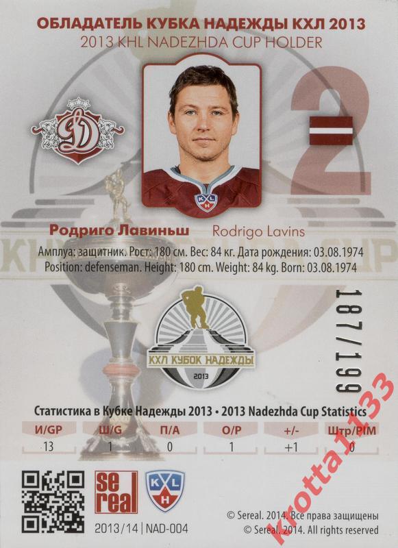 Родриго Лавиньш Динамо Рига SeReal КХЛ 2013-2014. Золотая коллекция 1