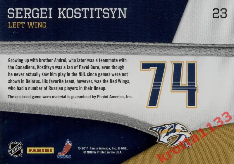 Sergei Kostitsyn Nashville Predators PANINI Pinnacle 2011-2012 1