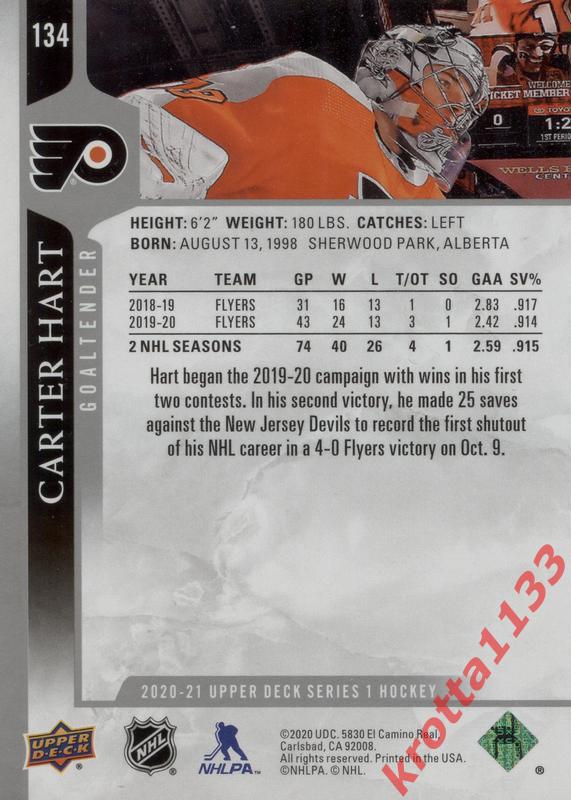 Carter Hart Philadelphia Flyers Upper Deck Hockey 2020-2021 1