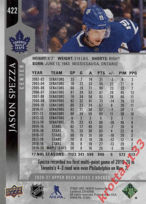 Jason Spezza Toronto Maple Leafs Upper Deck Hockey 2020-2021 1
