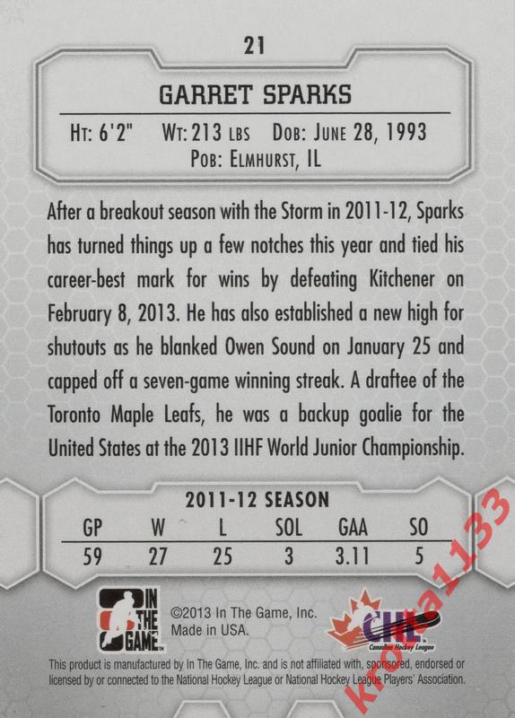 Garret Sparks Toronto Maple Leafs ITG Between The Pipes 2012-2013 1