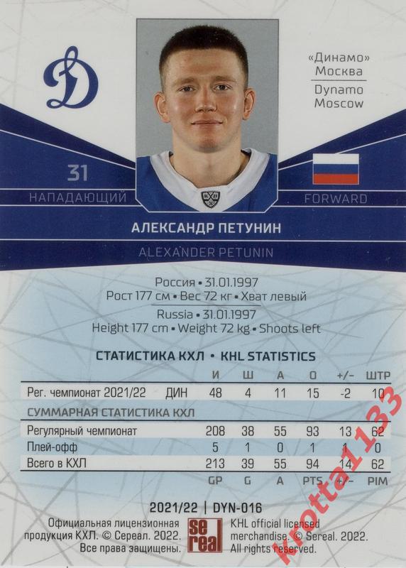 Александр Петунин Динамо Москва SeReal Карточки КХЛ 2021-2022 1