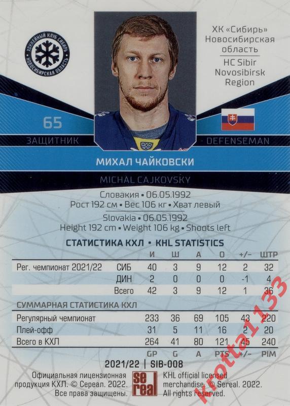 Михал Чайковски Сибирь Новосибирск SeReal Карточки КХЛ 2021-2022 1