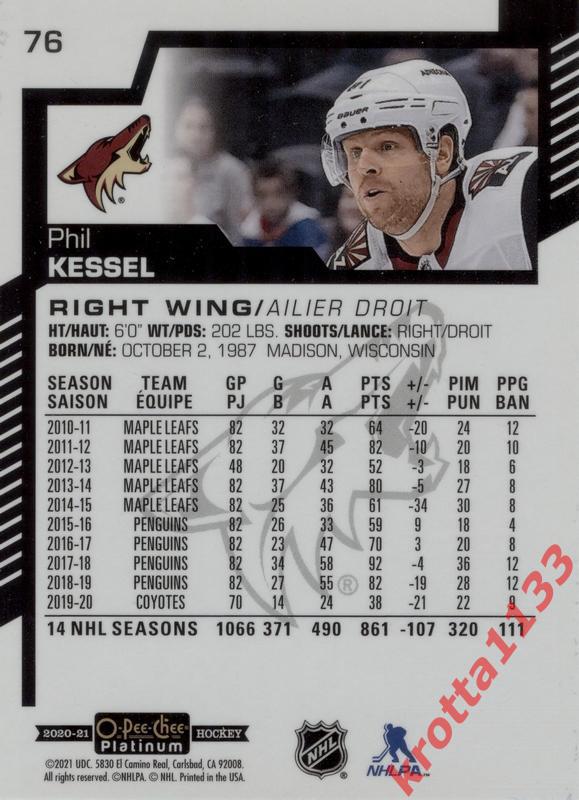 Phil Kessel Arizona Coyotes Upper Deck O-Pee-Chee 2020-2021 Platinum 1