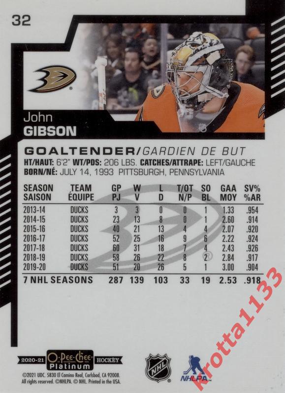 John Gibson Anaheim Ducks Upper Deck O-Pee-Chee 2020-2021 Platinum 1