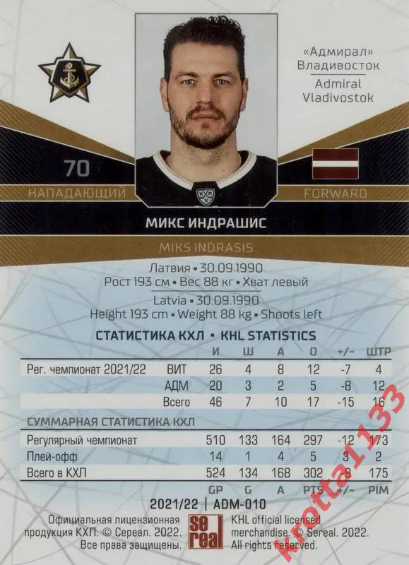 Микс Индрашис Адмирал Владивосток SeReal Карточки КХЛ 2021-2022 1