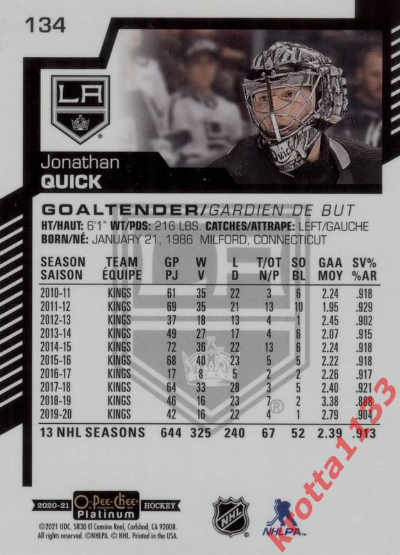 Jonathan Quick Los Angeles Kings Upper Deck O-Pee-Chee Platinum 2020-2021 1