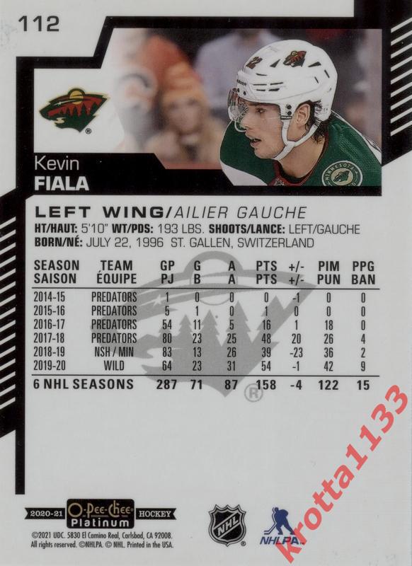 Kevin Fiala Minnesota Wild Upper Deck O-Pee-Chee Platinum 2020-2021 1