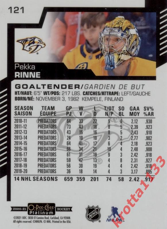 Pekka Rinne Nashville Predators Upper Deck O-Pee-Chee Platinum 2020-2021 1