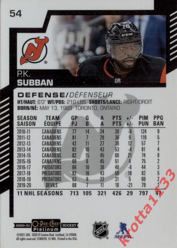 P.K. Subban New Jersey Devils Upper Deck O-Pee-Chee 2020-2021 Platinum 1