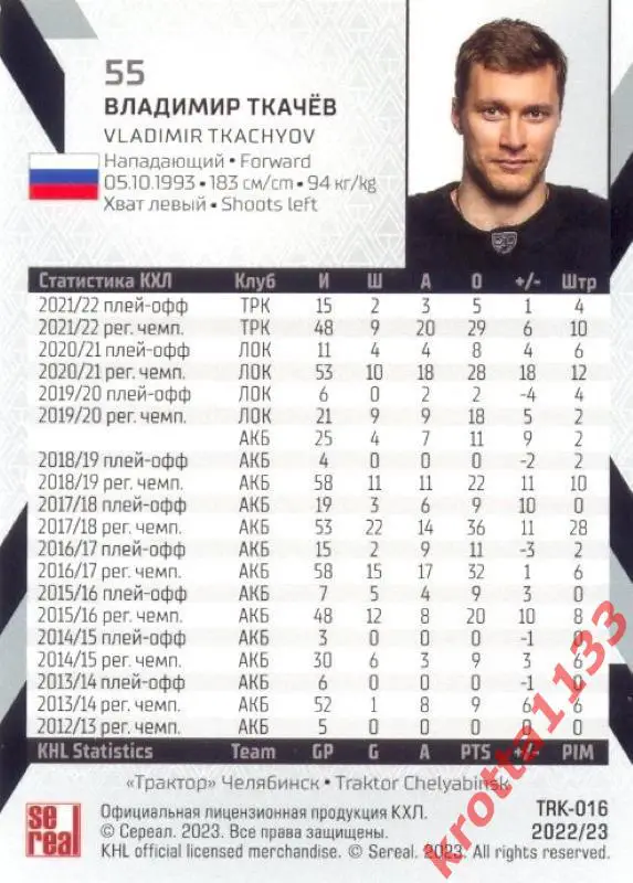 Владимир Ткачёв Трактор Челябинск SeReal Карточки КХЛ 2022-2023 1
