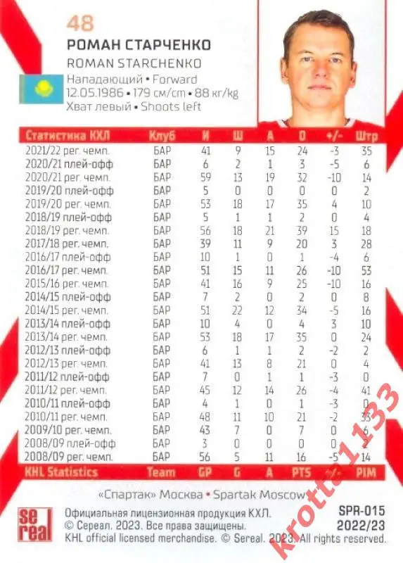 Роман Старченко Спартак Москва SeReal Карточки КХЛ 2022-2023 1