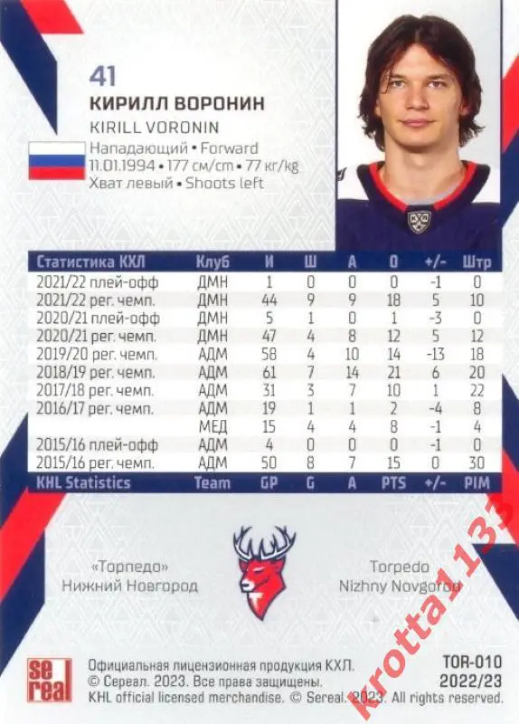 Кирилл Воронин Торпедо Нижний Новгород SeReal Карточки КХЛ 2022-2023 1