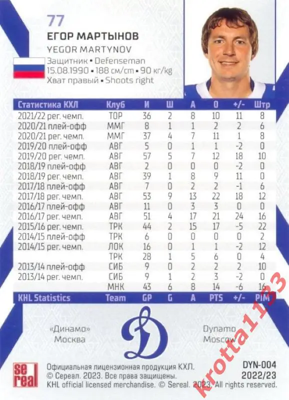Егор Мартынов Динамо Москва SeReal Карточки КХЛ 2022-2023 1